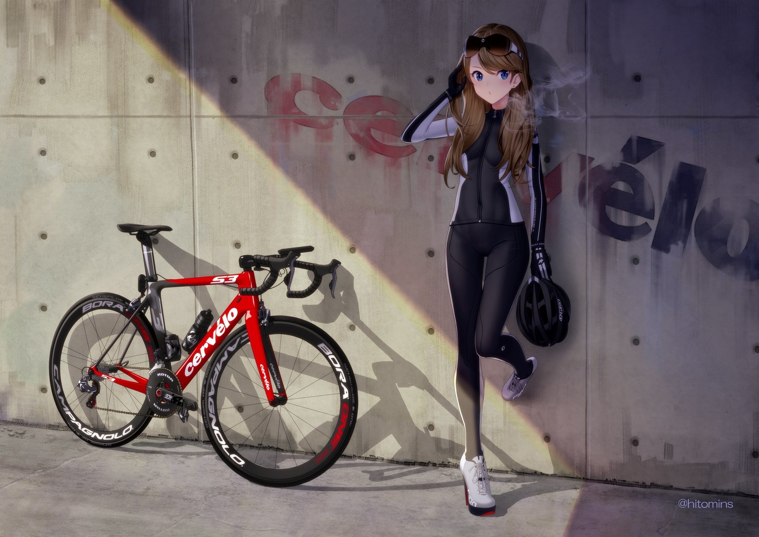 bicycle, blue_eyes, brown_hair, glasses, gloves, graffiti, hitomi_kazuya, long_hair, original, shade, skintight, watermark