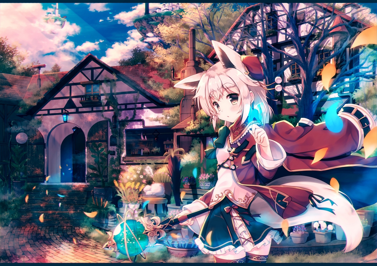 animal_ears, blonde_hair, blush, brown_eyes, building, clouds, foxgirl, mage, magic, misaki_yuu, original, skirt, sky, tail, thighhighs, third-party_edit