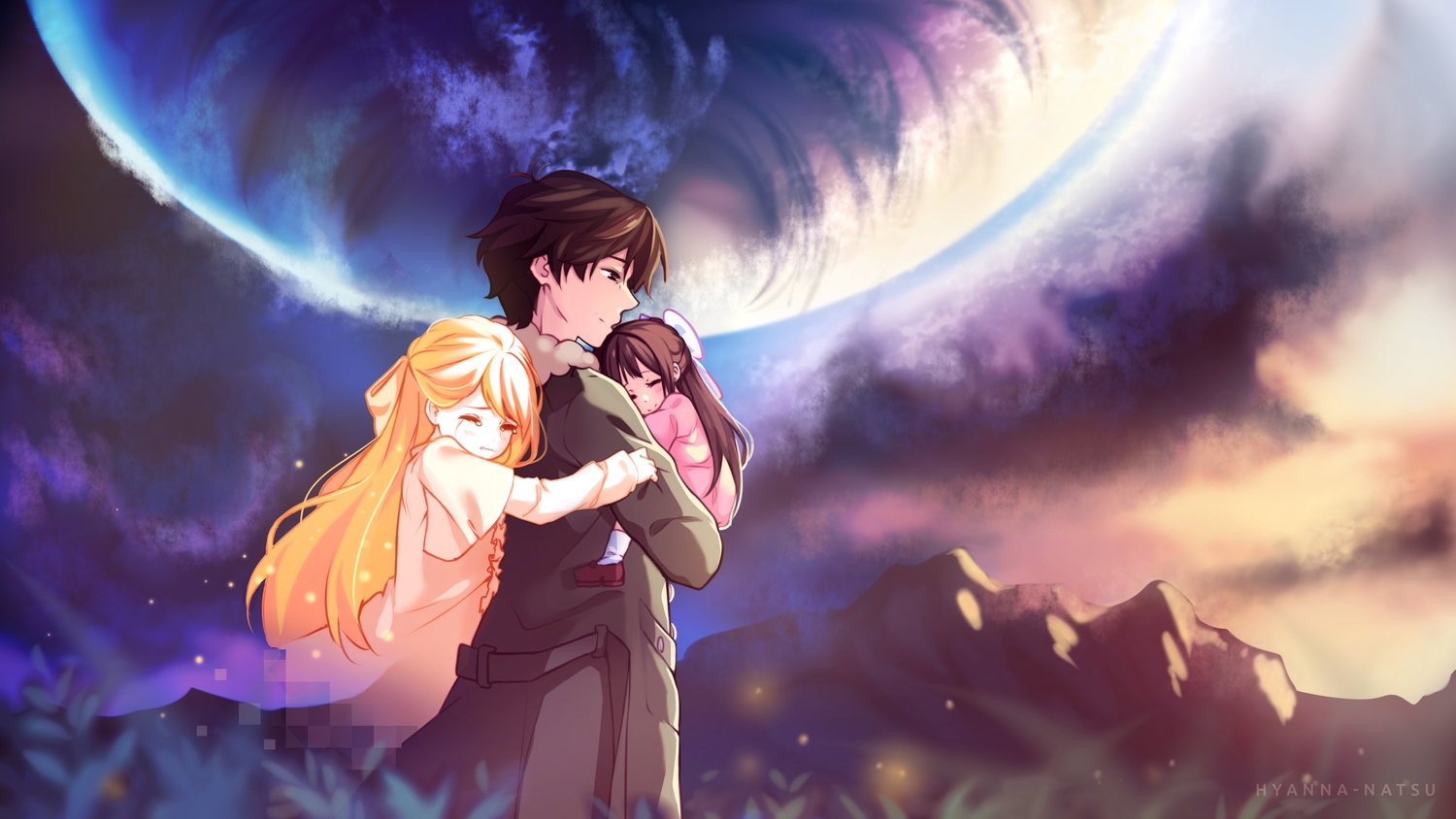 blonde_hair, brown_eyes, brown_hair, crying, dress, hug, hyanna-natsu, loli