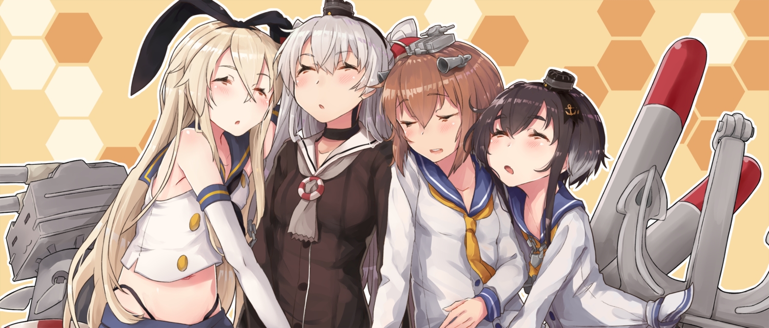 amatsukaze_(kancolle), anthropomorphism, black_hair, blonde_hair, blush, brown_hair, elbow_gloves, gloves, gray_hair, group, kantai_collection, long_hair, navel, nuko_miruku, rensouhou-chan, school_uniform, shimakaze_(kancolle), short_hair, sleeping, tokitsukaze_(kancolle), yukikaze_(kancolle)