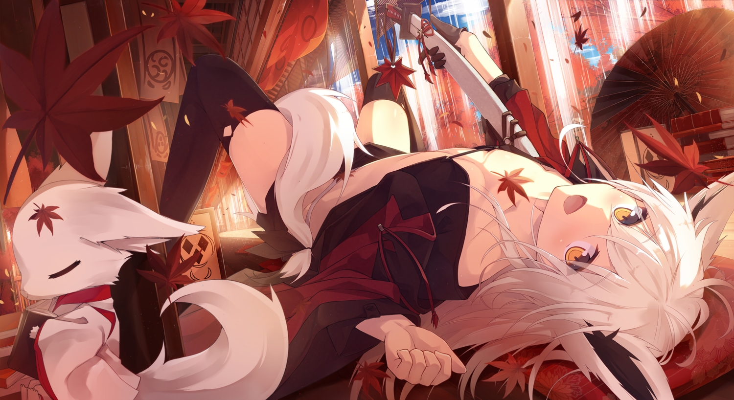 animal, animal_ears, autumn, book, breasts, building, fox, foxgirl, gloves, japanese_clothes, katana, leaves, long_hair, no_bra, original, ozshia_(shia-ushio), skirt, sword, tail, thighhighs, tree, umbrella, weapon, white_hair, yellow_eyes