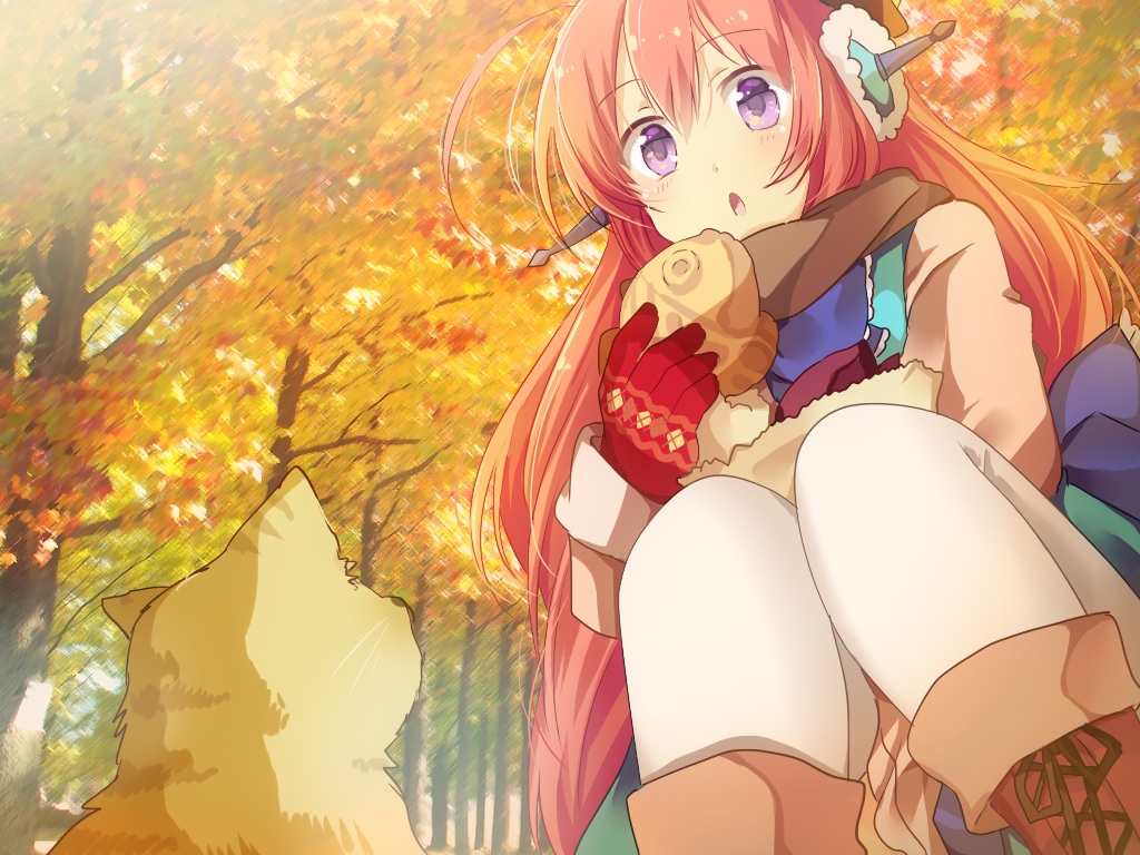 animal, autumn, boots, cat, earmuffs, food, gloves, long_hair, matryoshka_(borscht), original, pantyhose, purple_eyes, red_hair, scarf, taiyaki, tree
