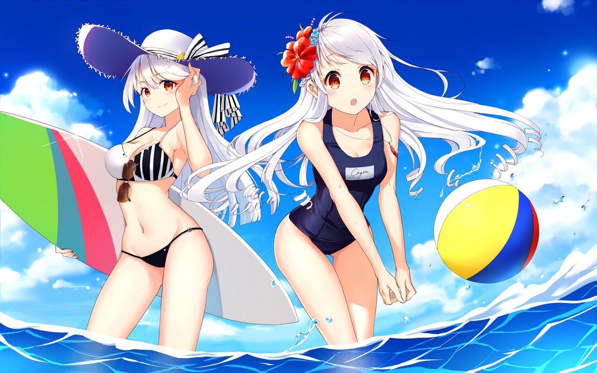 2girls, bai_banca, ball, bikini, breasts, cleavage, clouds, flowers, hat, headdress, long_hair, navel, necklace, orange_eyes, original, school_swimsuit, sky, sunglasses, swimsuit, third-party_edit, water, white_hair