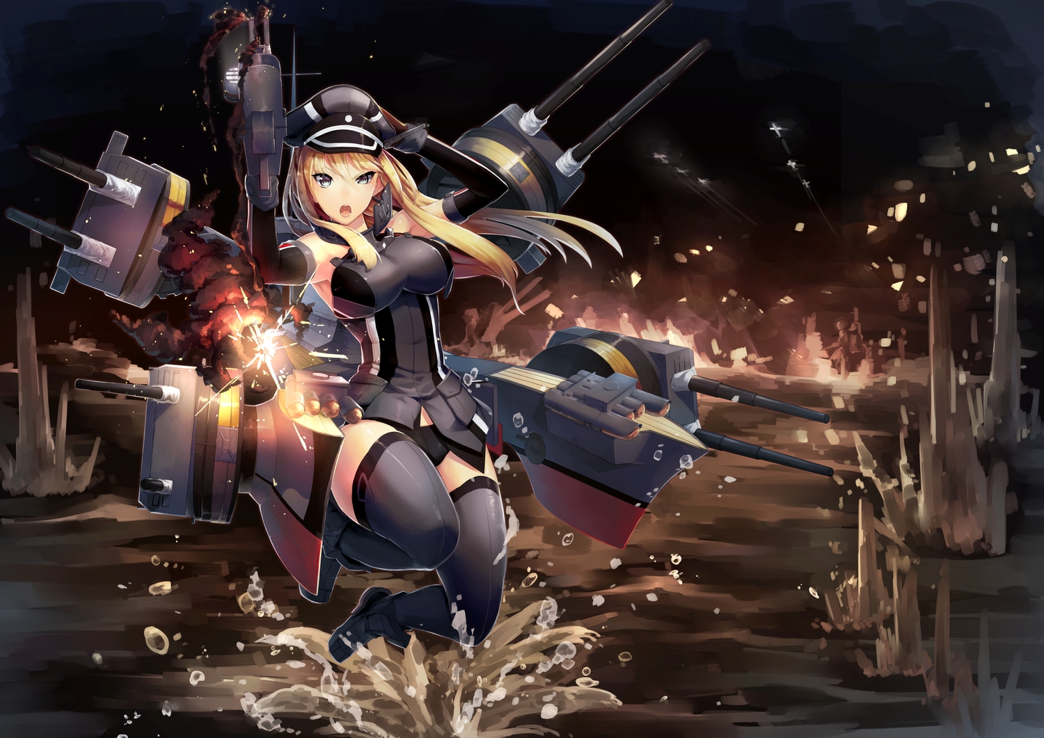anthropomorphism, bismarck_(kancolle), blonde_hair, boots, breasts, dark, elbow_gloves, gloves, green_eyes, hat, kantai_collection, long_hair, scottie_(phantom2), thighhighs, water, weapon