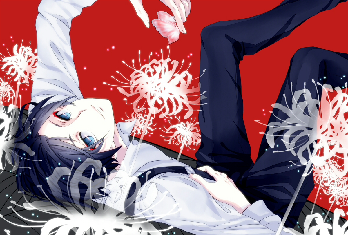 all_male, aqua_eyes, black_hair, butterfly, flowers, male, mashiki, original, red, short_hair