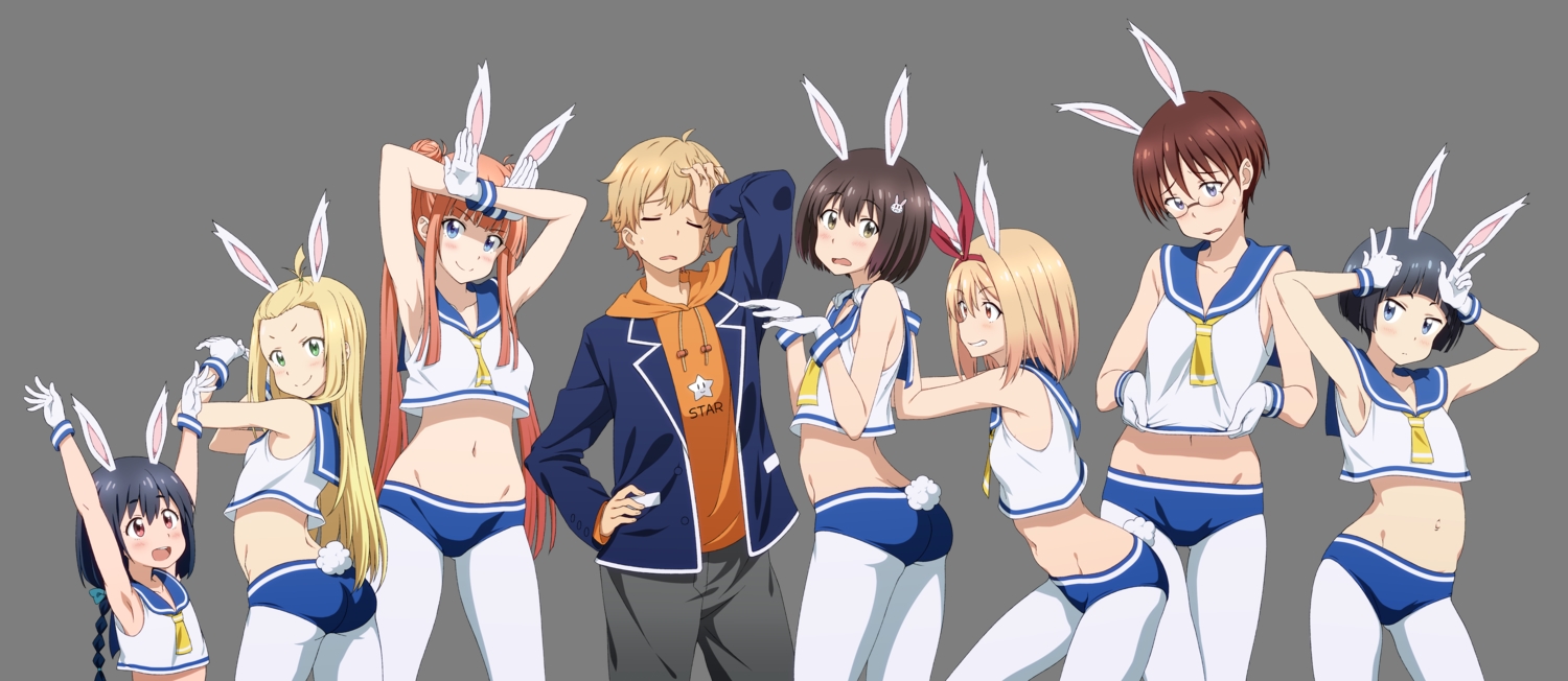 animal_ears, aqua_eyes, ayase_kaori, black_hair, blonde_hair, blush, bow, braids