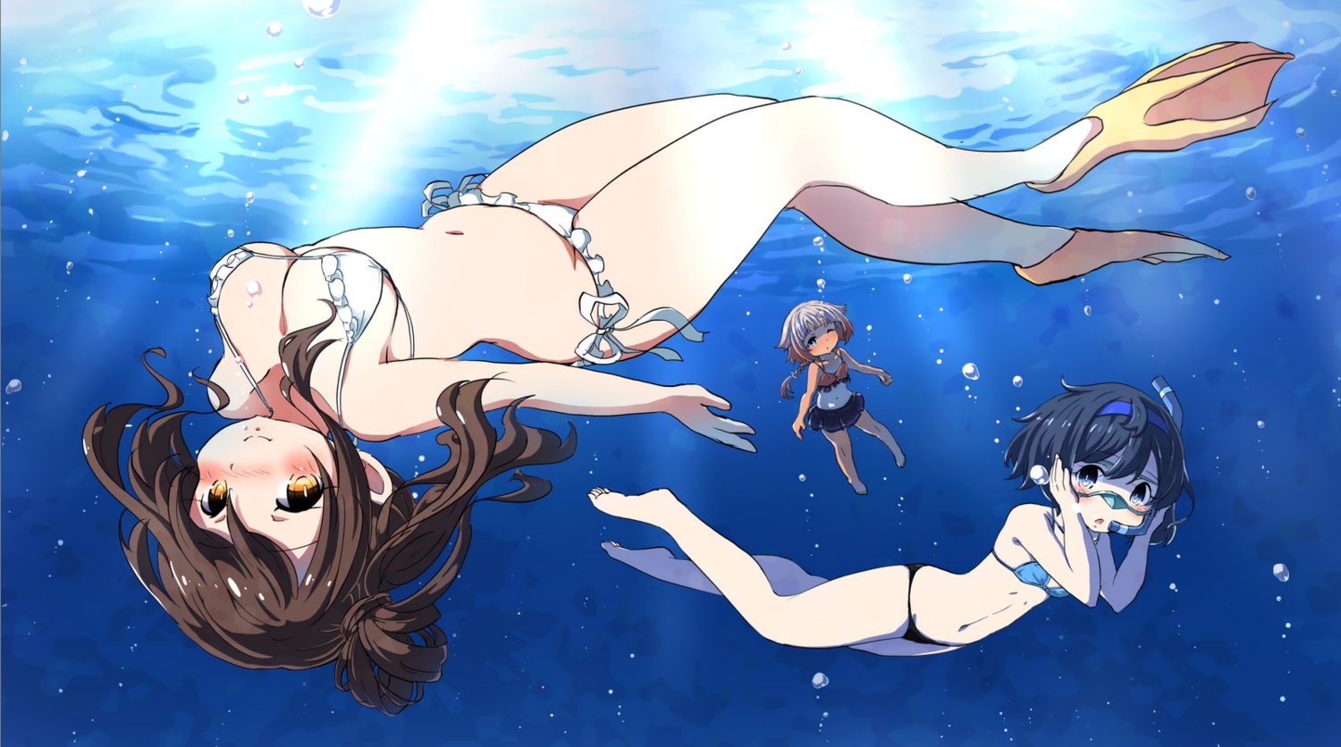 bikini, breasts, brown_hair, cevio, mochizuki_usagi, navel, one_(cevio), satou_sasara, swimsuit, underwater, water