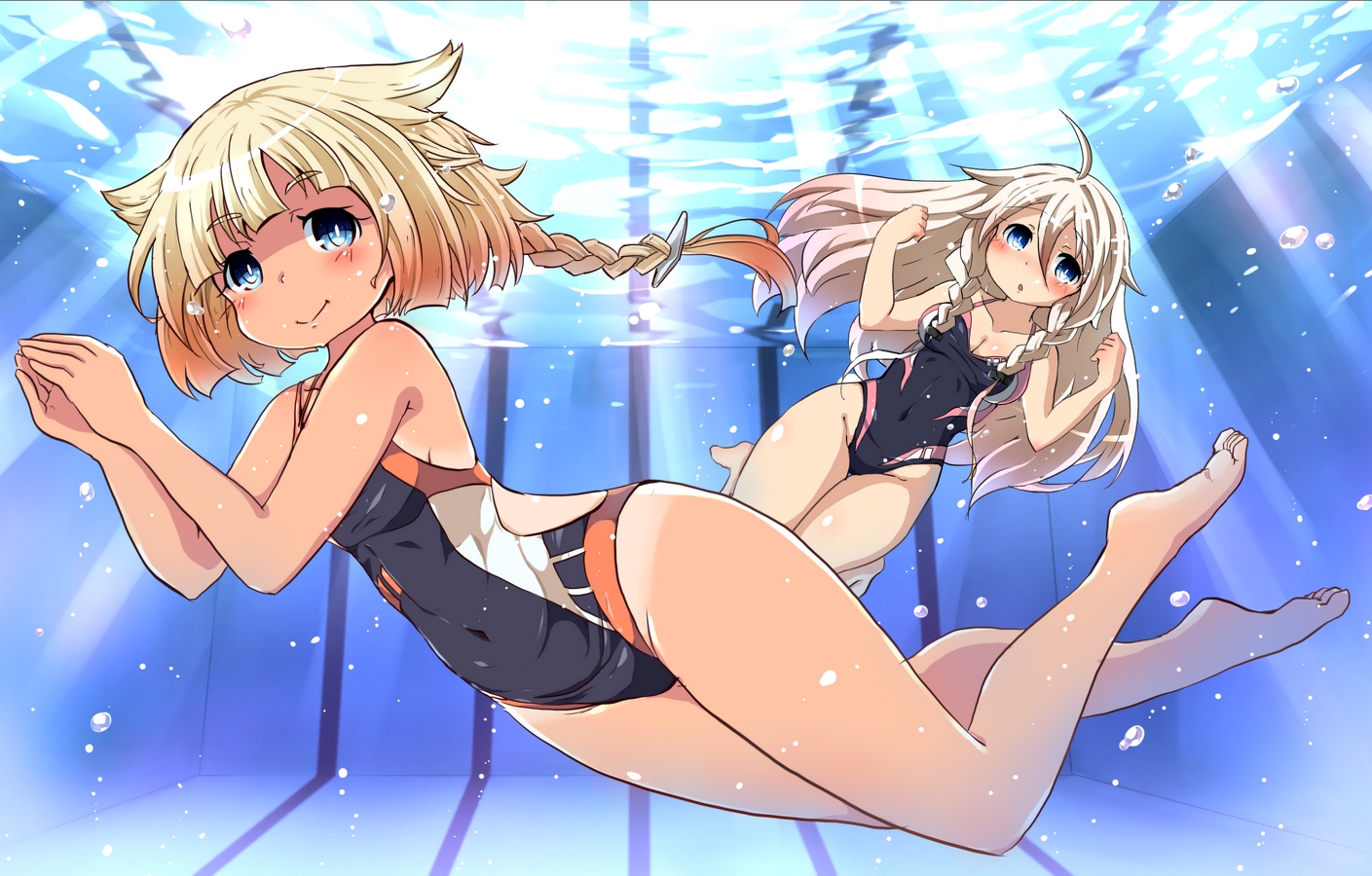 2girls, cevio, ia, mochizuki_usagi, one_(cevio), swimsuit, underwater, vocaloid, water