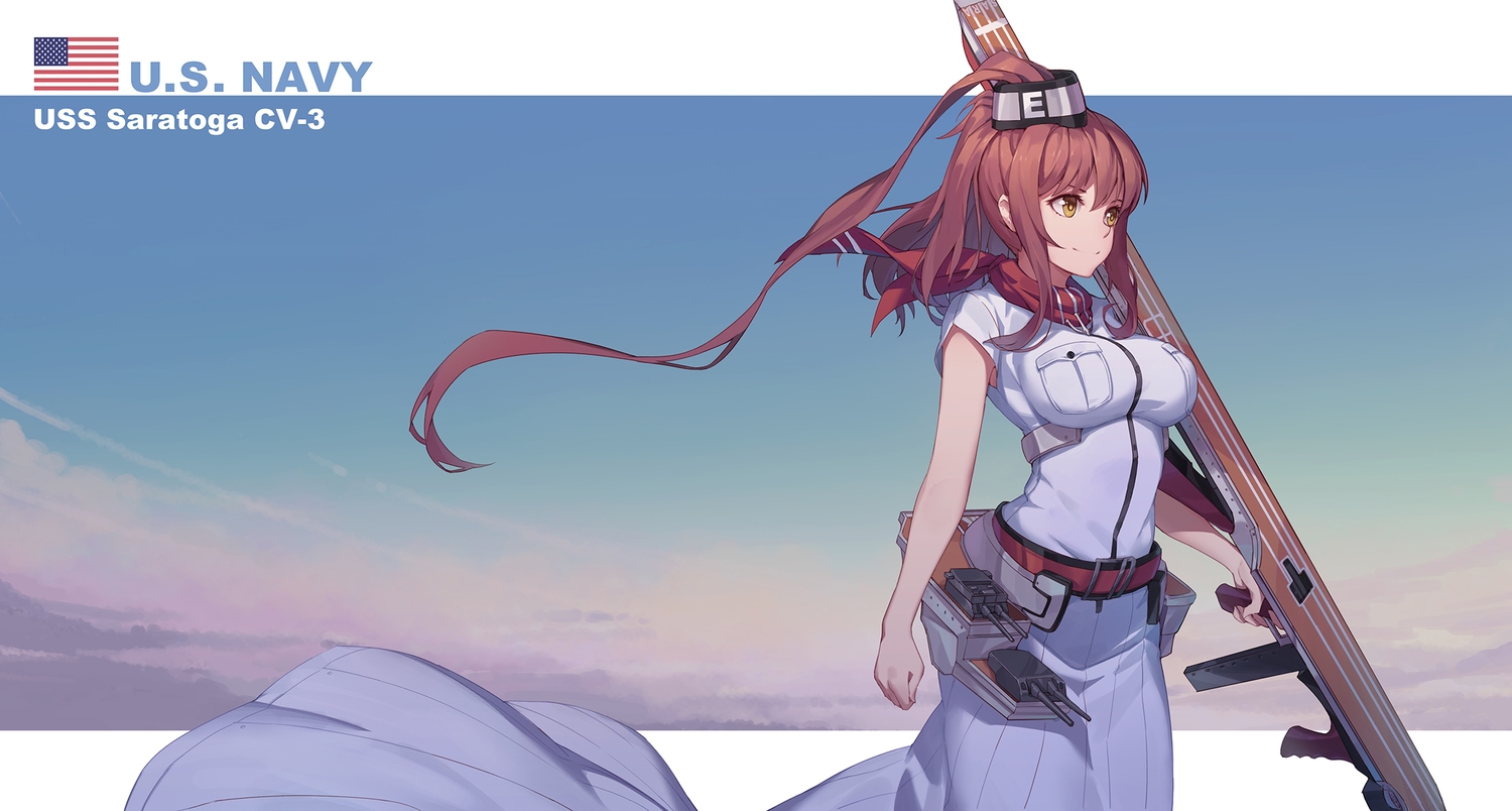 anthropomorphism, breasts, brown_hair, clouds, dress, gun, kantai_collection, long_hair
