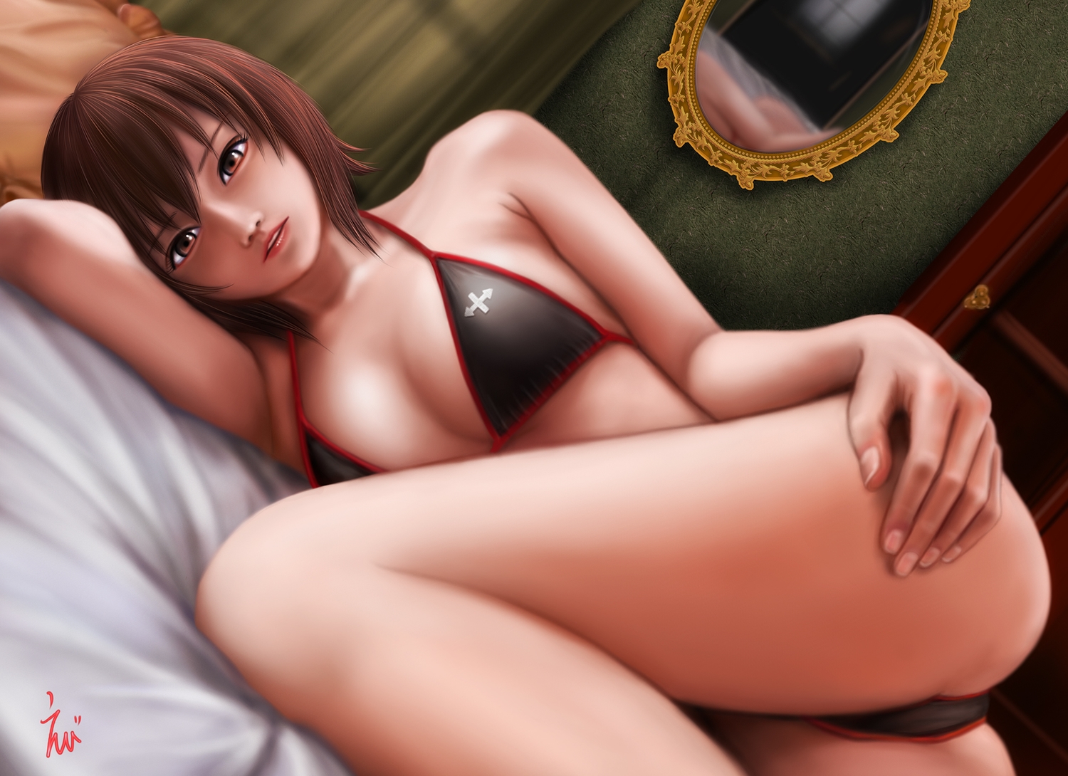 ass, bikini, brown_eyes, brown_hair, ebi_(eeotoko), girls_und_panzer, nishizumi_maho, realistic, signed, swimsuit
