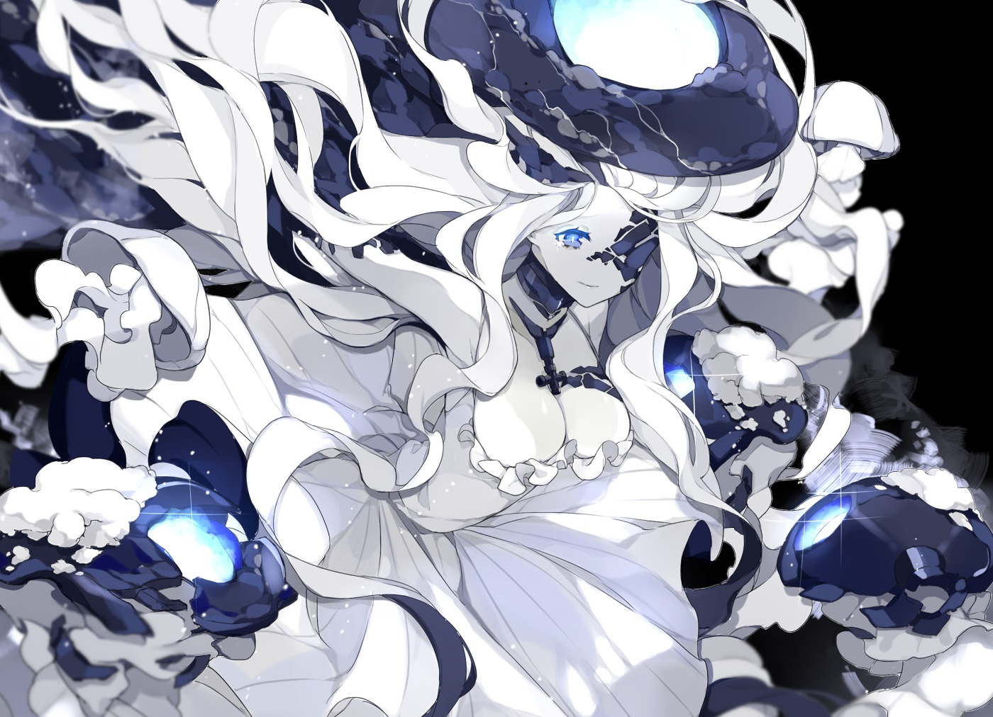 abyssal_jellyfish_hime, aliasing, anthropomorphism, blue_eyes, breasts, cleavage, dress, eyepatch