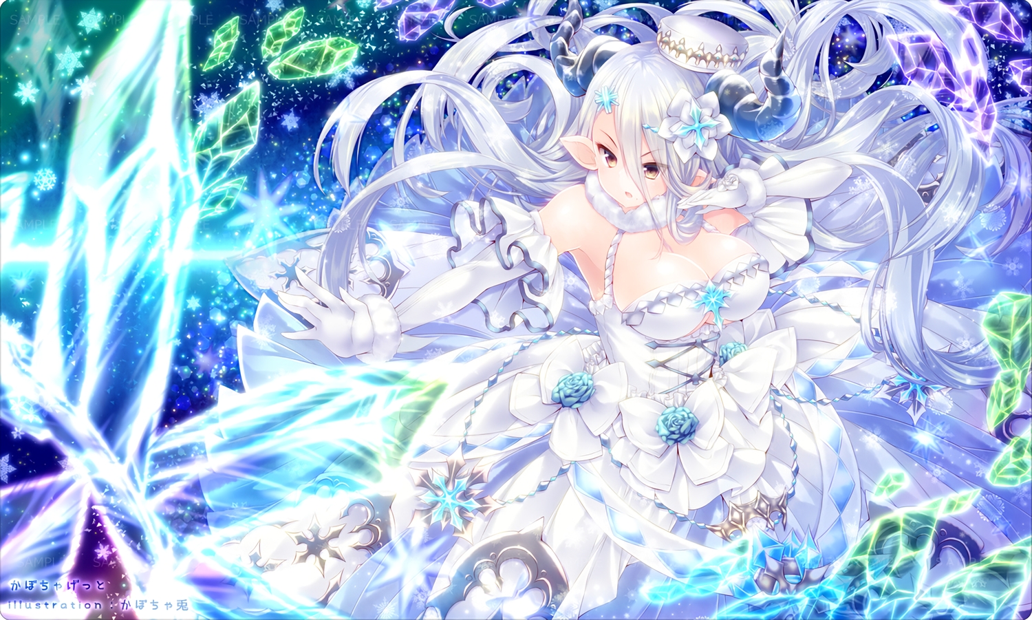 breasts, brown_eyes, dress, elbow_gloves, gloves, granblue_fantasy, hat, horns