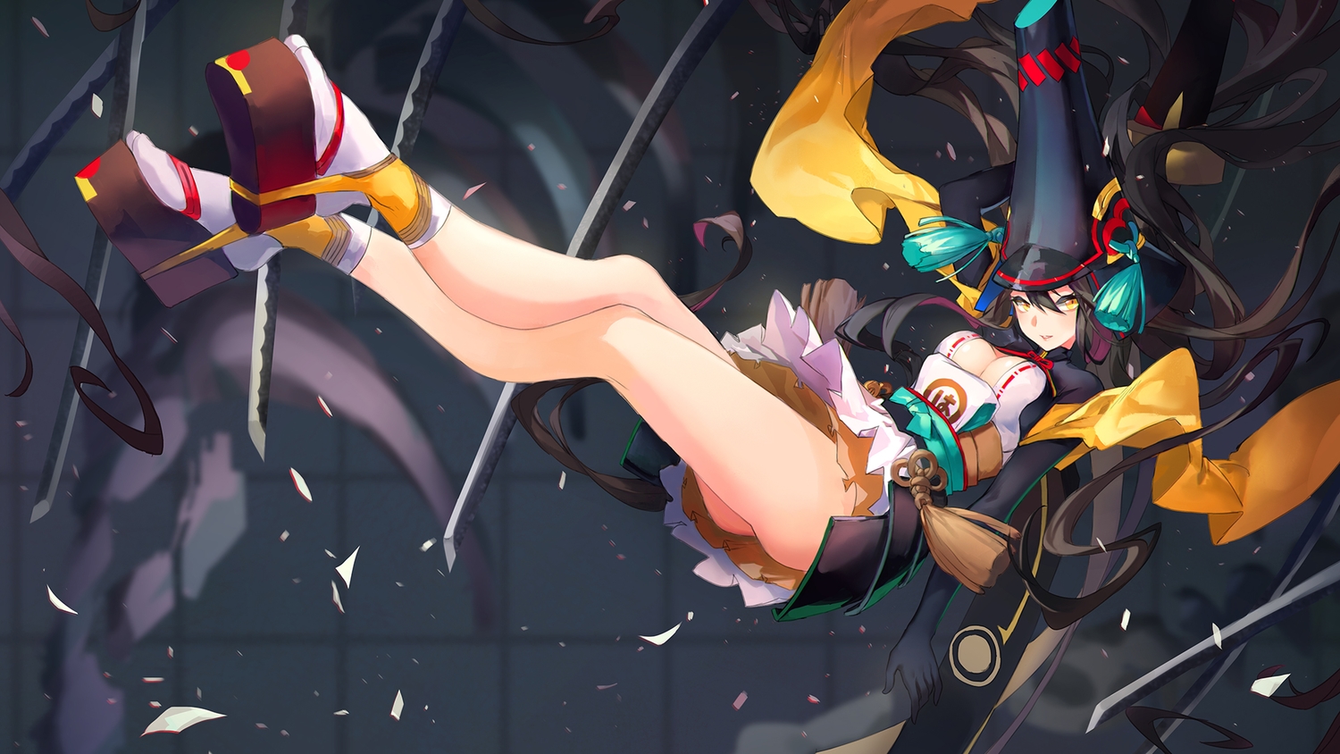 ass, black_hair, breasts, cleavage, criin, hat, japanese_clothes, katana, long_hair, onmyouji, sword, weapon, yellow_eyes, youtouhime_(omnyouji)