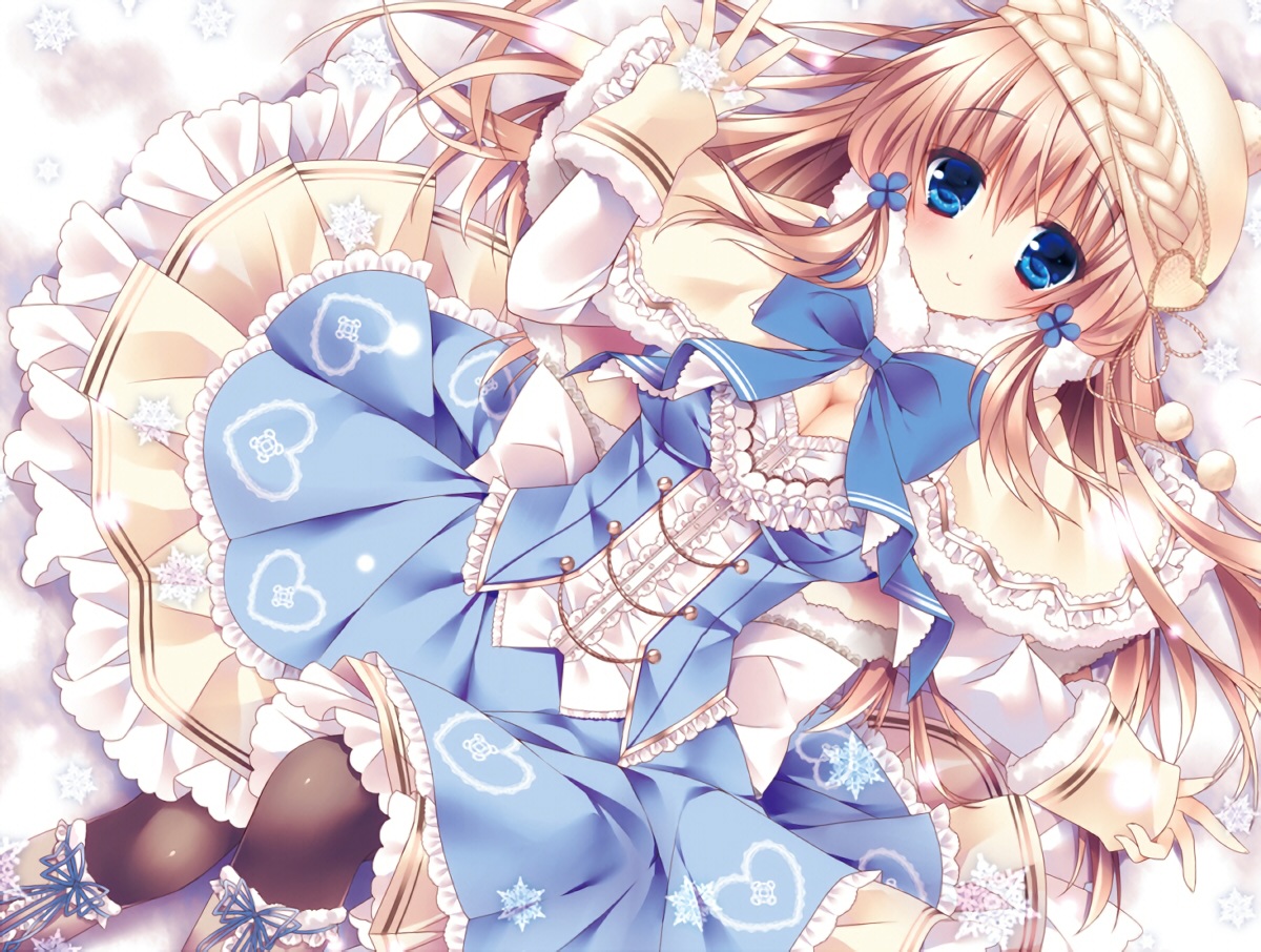 aqua_eyes, blonde_hair, blush, boots, bow, breasts, cape, cleavage