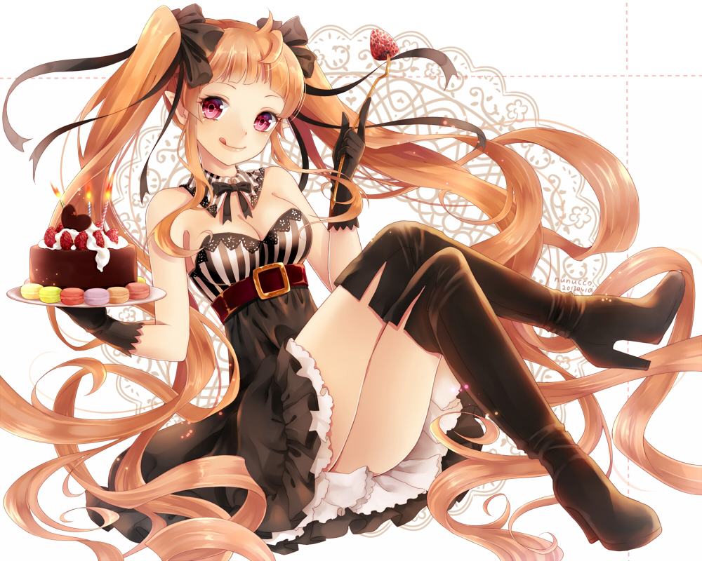 boots, bow, breasts, cake, candy, chocolate, cleavage, collar