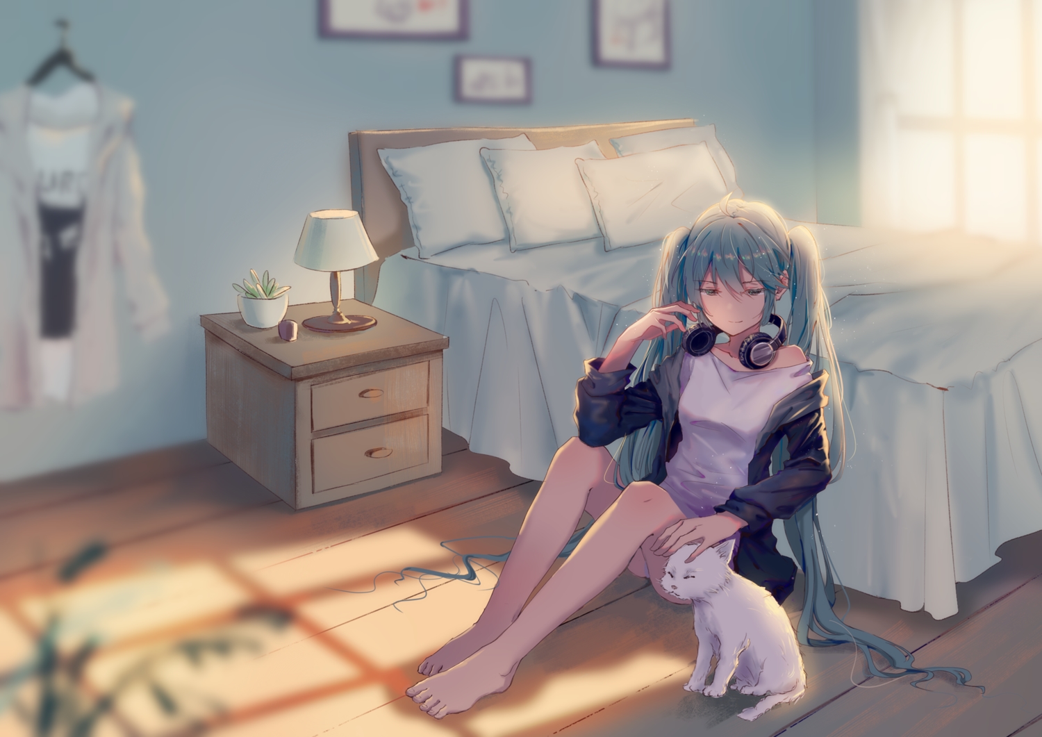 animal, aqua_eyes, aqua_hair, barefoot, bed, cat, hatsune_miku, headphones, long_hair, mimengfeixue, shirt, twintails, vocaloid