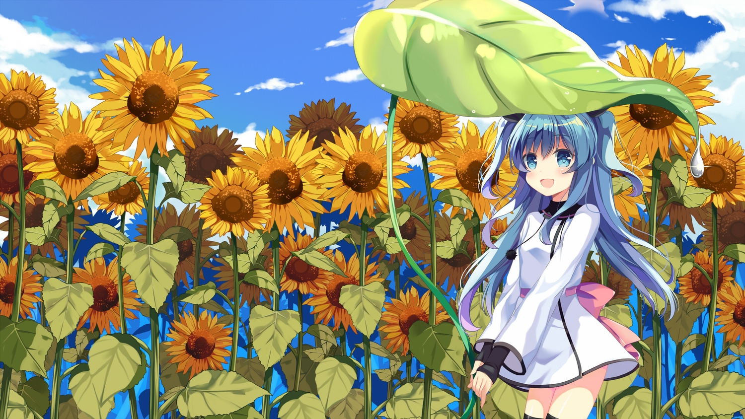 aqua_eyes, aqua_hair, clouds, dress, flowers, leaves, long_hair, manatsu_riko