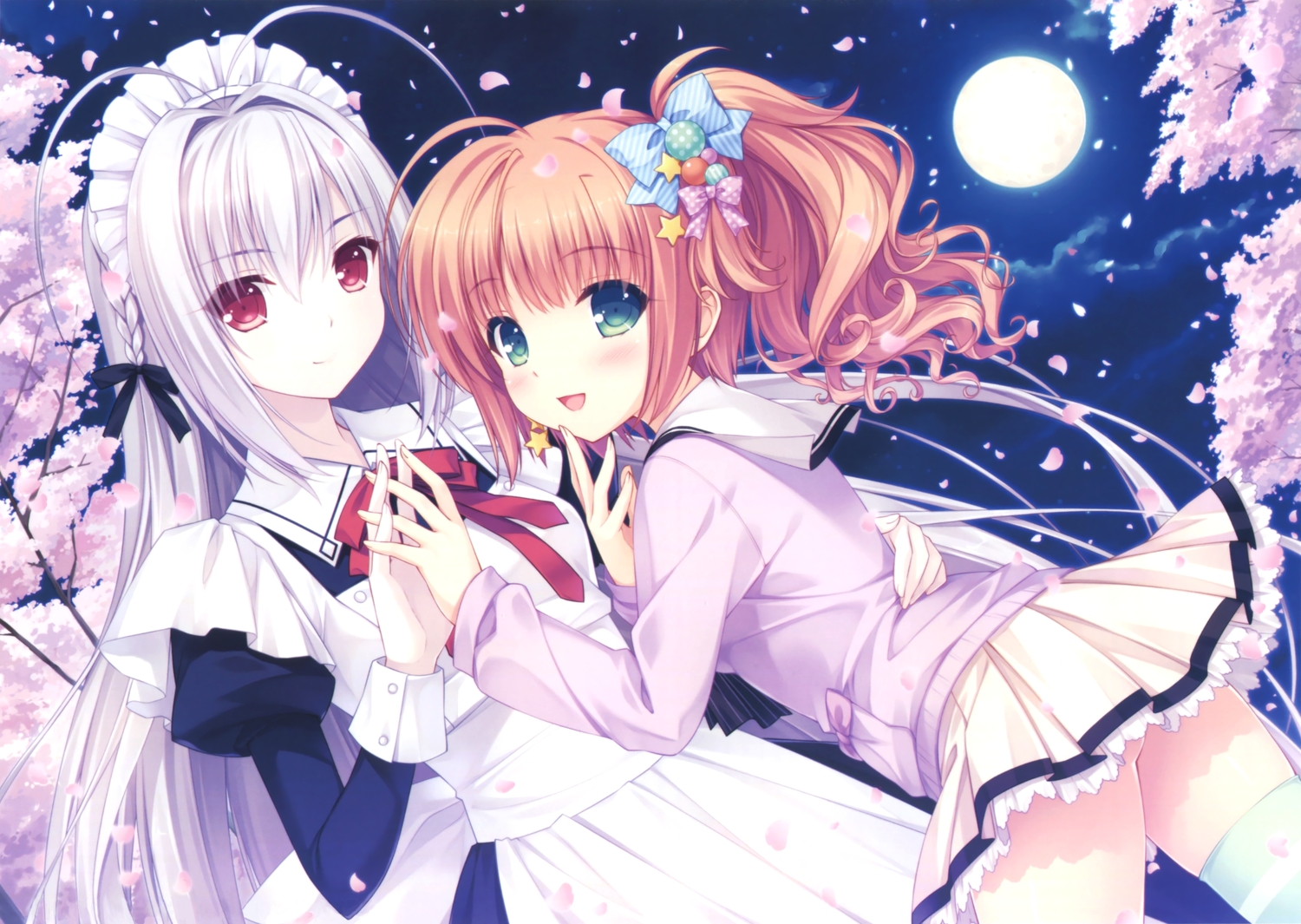 brown_hair, cherry_blossoms, flowers, ginjou_haruko, green_eyes, long_hair, maid, male