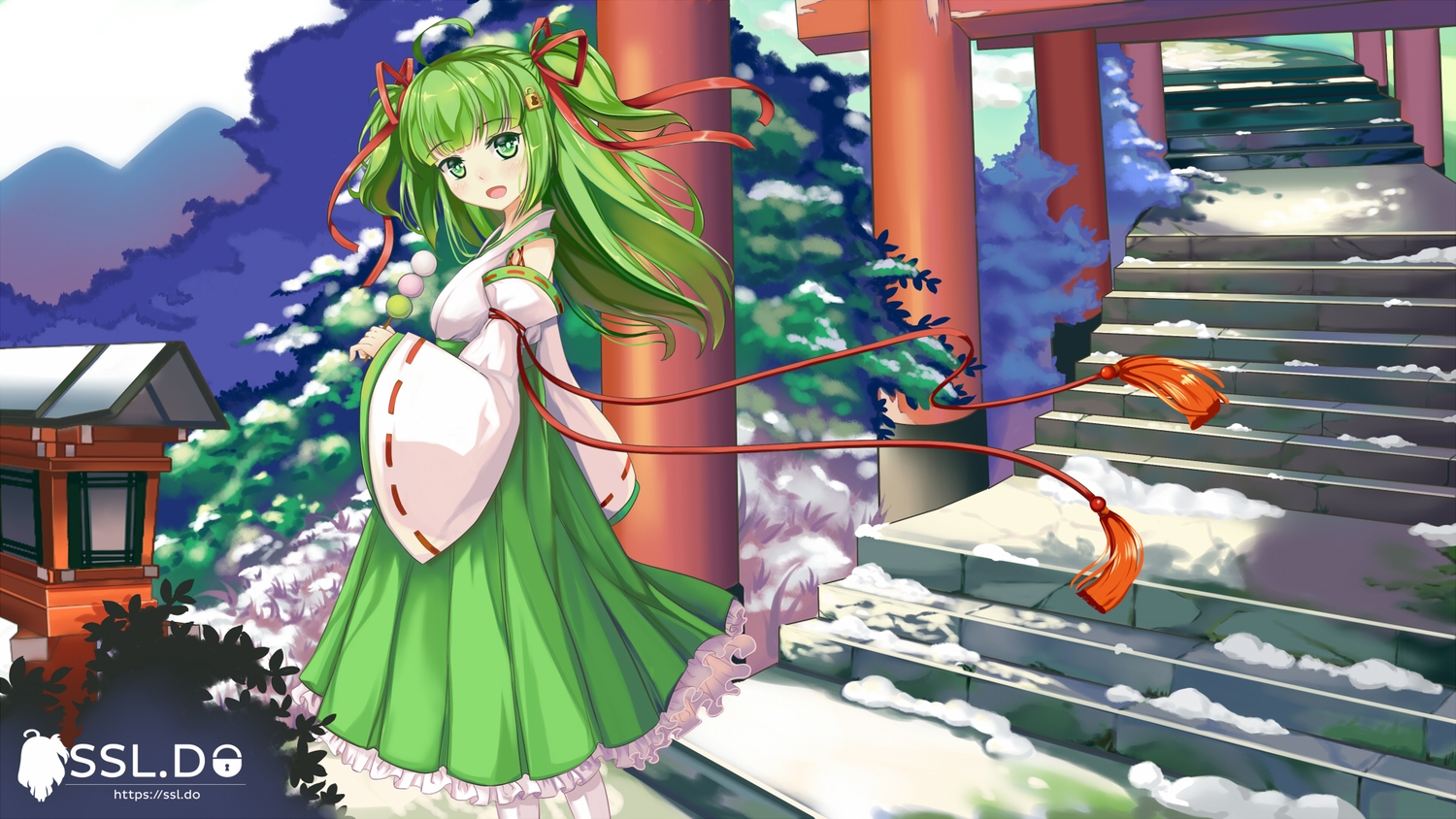 building, dress, green_eyes, green_hair, long_hair, manatsu_riko, original, ribbons