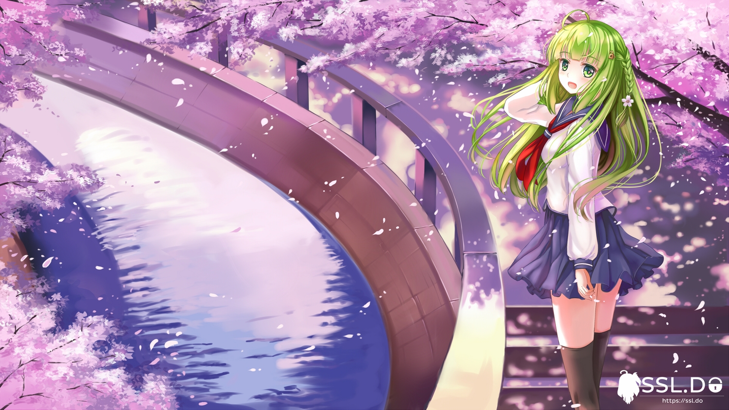 blush, braids, cherry_blossoms, flowers, green_eyes, green_hair, long_hair, manatsu_riko