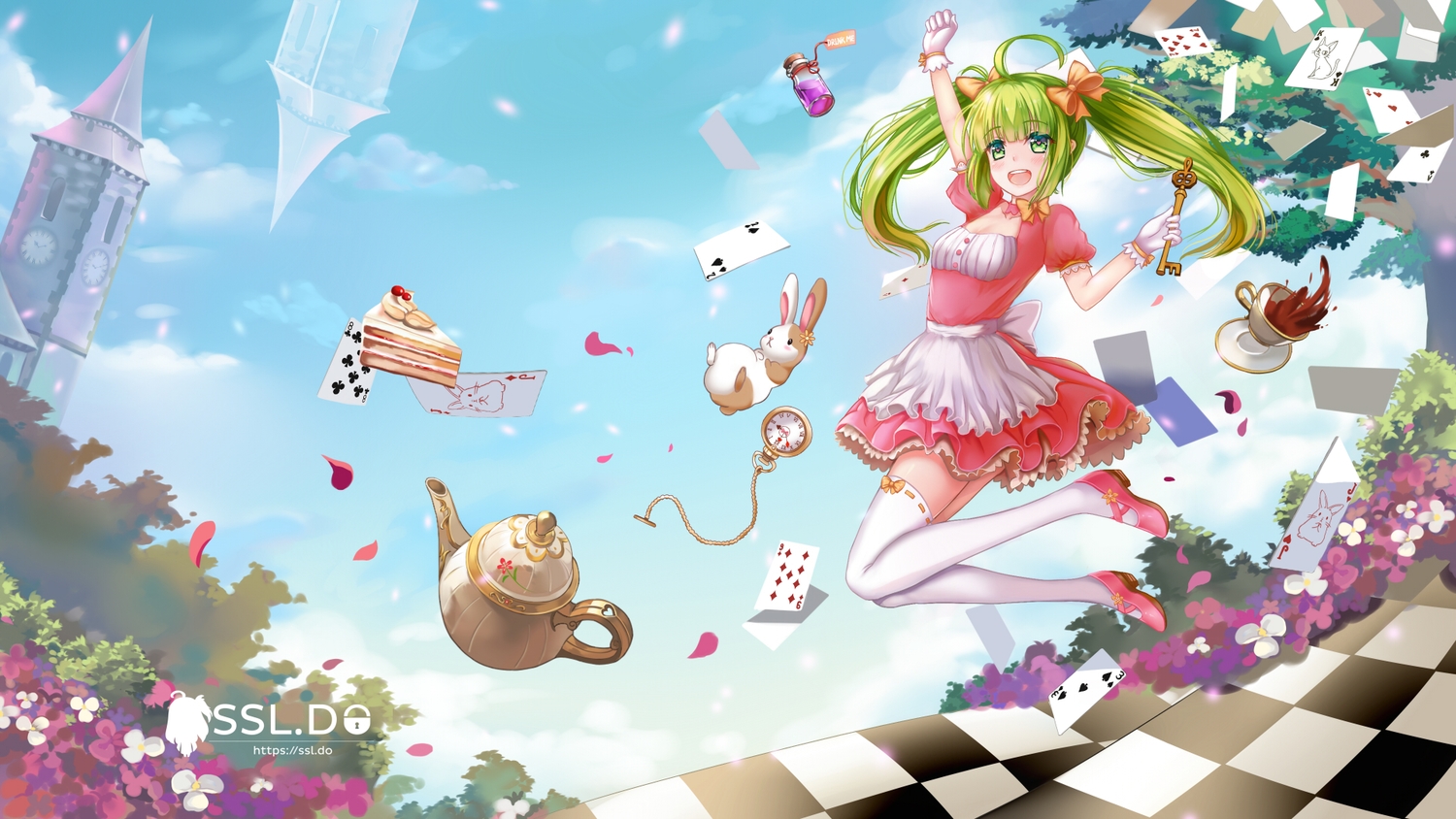 alice_in_wonderland, animal, bow, building, candy, clouds, dress, drink