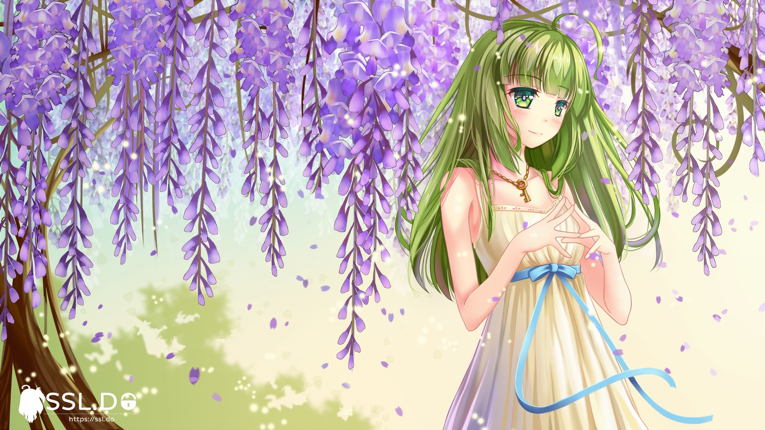 aliasing, blush, dress, green_eyes, green_hair, long_hair, manatsu_riko, original, petals, ribbons