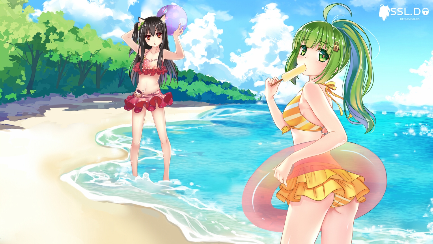 2girls, animal_ears, ball, beach, bikini, black_hair, clouds, food, green_eyes, green_hair, ice_cream, manatsu_riko, navel, orange_eyes, original, ribbons, swim_ring, swimsuit, tree, water