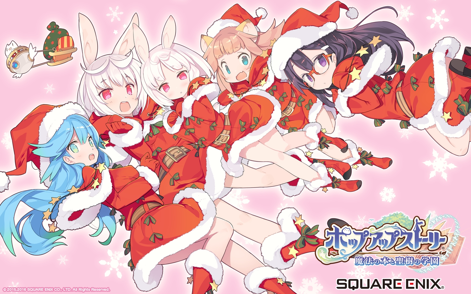 animal, animal_ears, aqua_eyes, aqua_hair, black_hair, boots, brown_hair, bunny_ears, bunnygirl, cat, christmas, cosplay, dress, eve_ainsworth, fang, farfalia, gloves, group, hat, kirara_ookami, logo, long_hair, mary_lane, pop-up_story, purple_eyes, red_eyes, ruri_ookami, santa_costume, santa_hat, shiroe_adele, short_hair, square_enix, watermark, white_hair