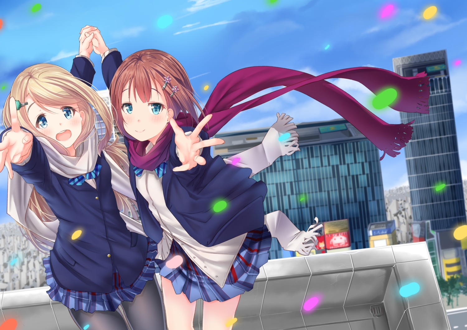 2girls, aqua_eyes, ayase_arisa, blonde_hair, blush, brown_hair, building, city