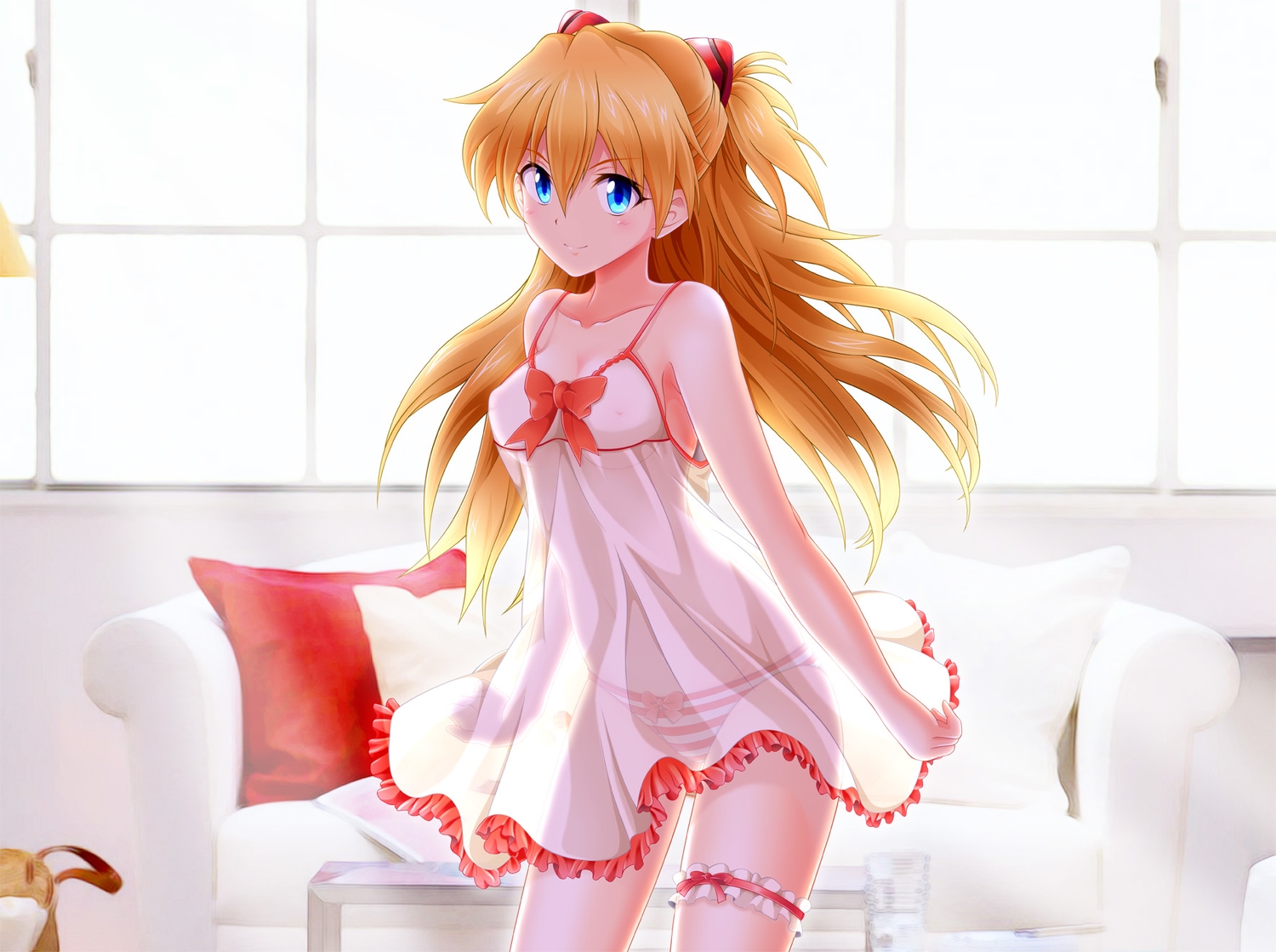 aqua_eyes, bow, breasts, cleavage, couch, dress, erect_nipples, eva_16-gouki, jpeg_artifacts, long_hair, neon_genesis_evangelion, orange_hair, panties, see_through, soryu_asuka_langley, striped_panties, underwear