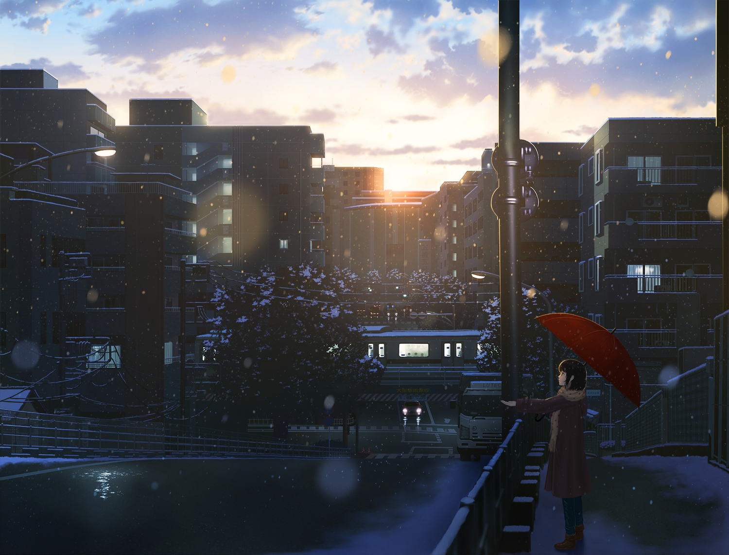 black_hair, boots, building, car, city, clouds, dark, nauimusuka, original, scenic, short_hair, snow, sunset, train, tree, umbrella, winter