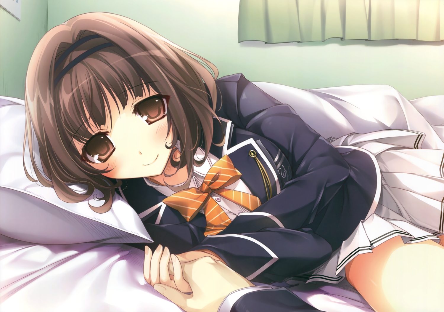 blush, bow, brown_eyes, brown_hair, karory, sasaki_kaori, scan, school_uniform, short_hair, skirt, trumple, ushinawareta_mirai_wo_motomete