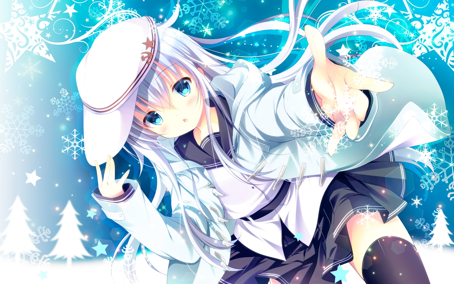 anthropomorphism, aqua_eyes, blue_hair, blush, hat, hibiki_(kancolle), kantai_collection, long_hair