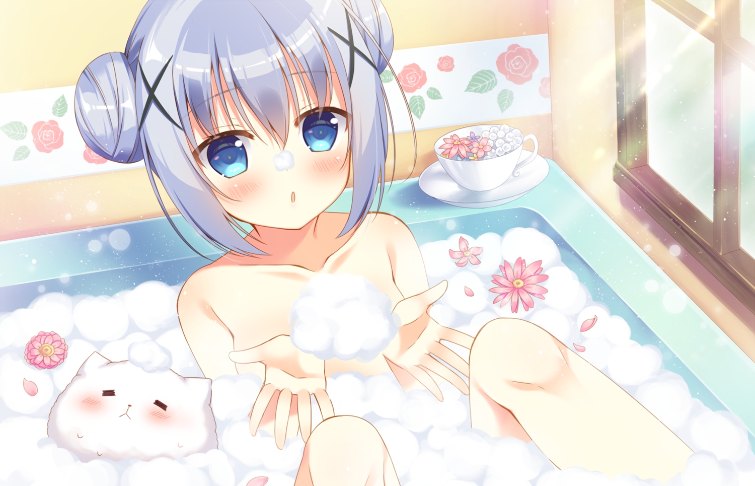 aqua_eyes, bath, bathtub, blue_hair, blush, flowers, gochuumon_wa_usagi_desu_ka?, kafuu_chino, nude, petals, sumisaki_yuzuna, tippy_(gochiusa), waifu2x