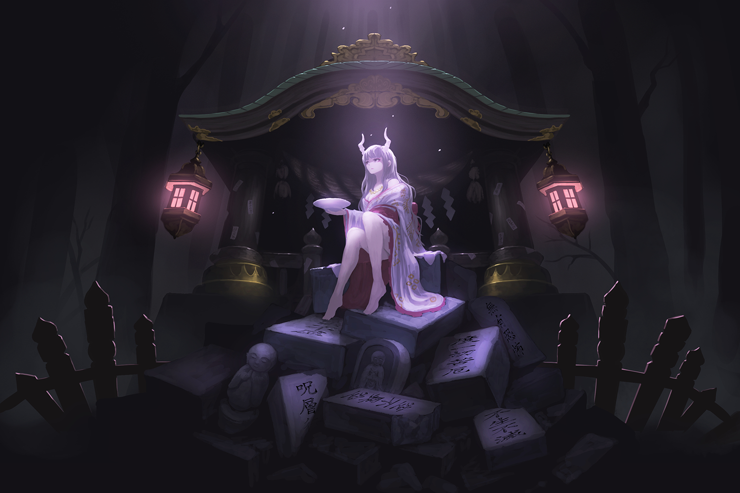 barefoot, building, dark, forest, horns, japanese_clothes, kimono, long_hair