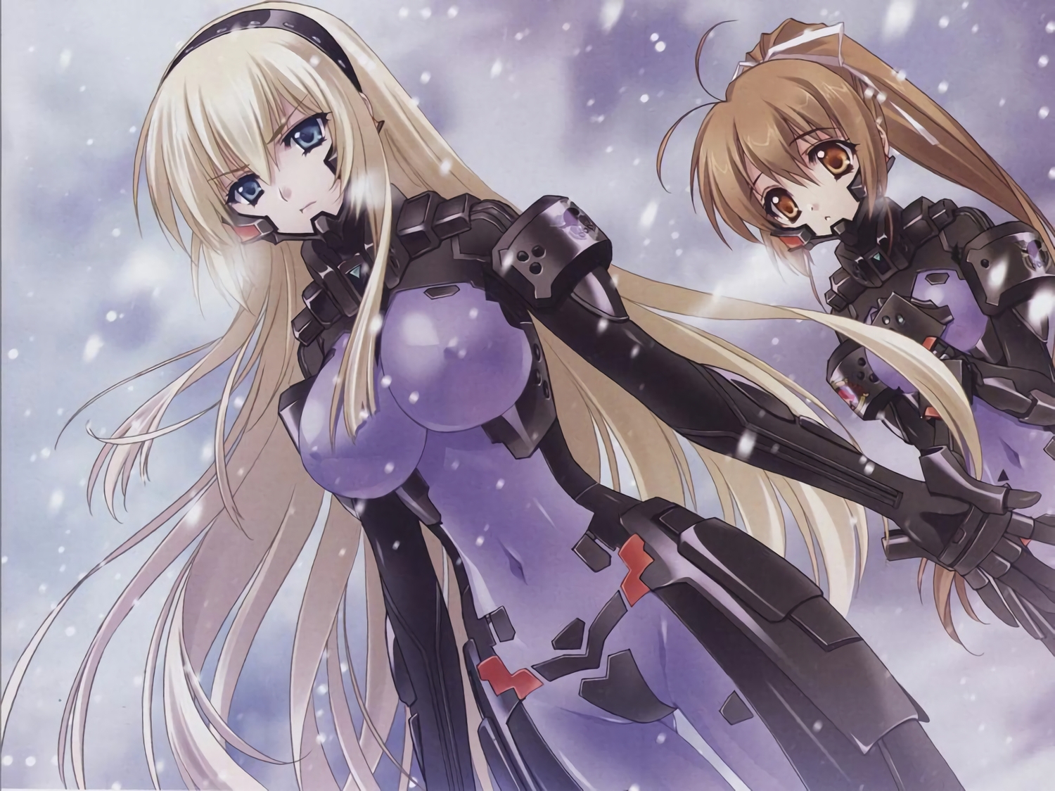 2girls, blonde_hair, blue_eyes, bodysuit, breasts, brown_eyes, brown_hair, carnelian, erect_nipples, headband, irisdina_bernhard, katia_waldheim, long_hair, mechagirl, muv-luv, ponytail, ribbons, scan, skintight, snow