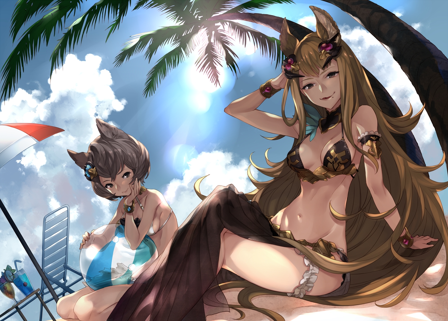 2girls, animal_ears, ball, bikini, breasts, brown_eyes, brown_hair, cleavage, clouds, drink, granblue_fantasy, gray_eyes, gray_hair, long_hair, metera_(granblue_fantasy), navel, shade, short_hair, sky, stella_(granblue_fantasy), swimsuit, tree, umbrella, wristwear, yuu_(higashi_no_penguin)