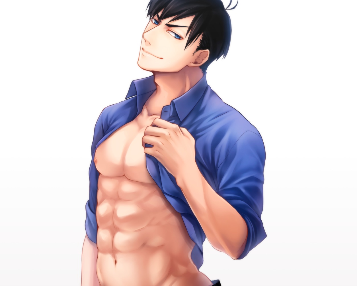 48kaz, all_male, black_hair, blue_eyes, cropped, male, matsuno_karamatsu, navel, open_shirt, osomatsu-kun, osomatsu-san, short_hair, white