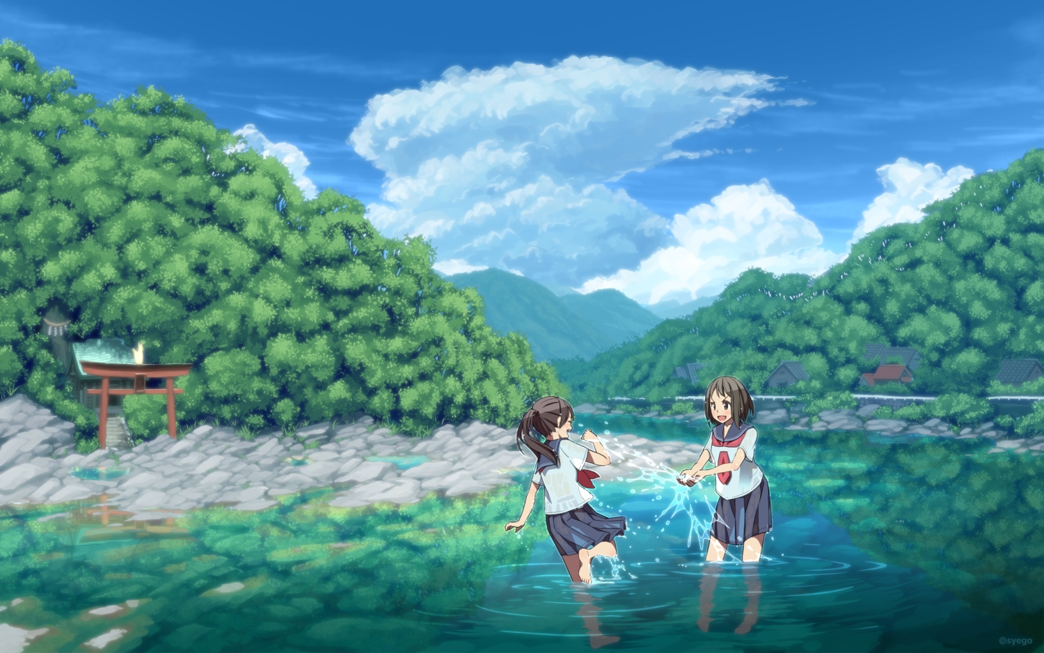 2girls, aliasing, barefoot, brown_eyes, brown_hair, building, clouds, forest