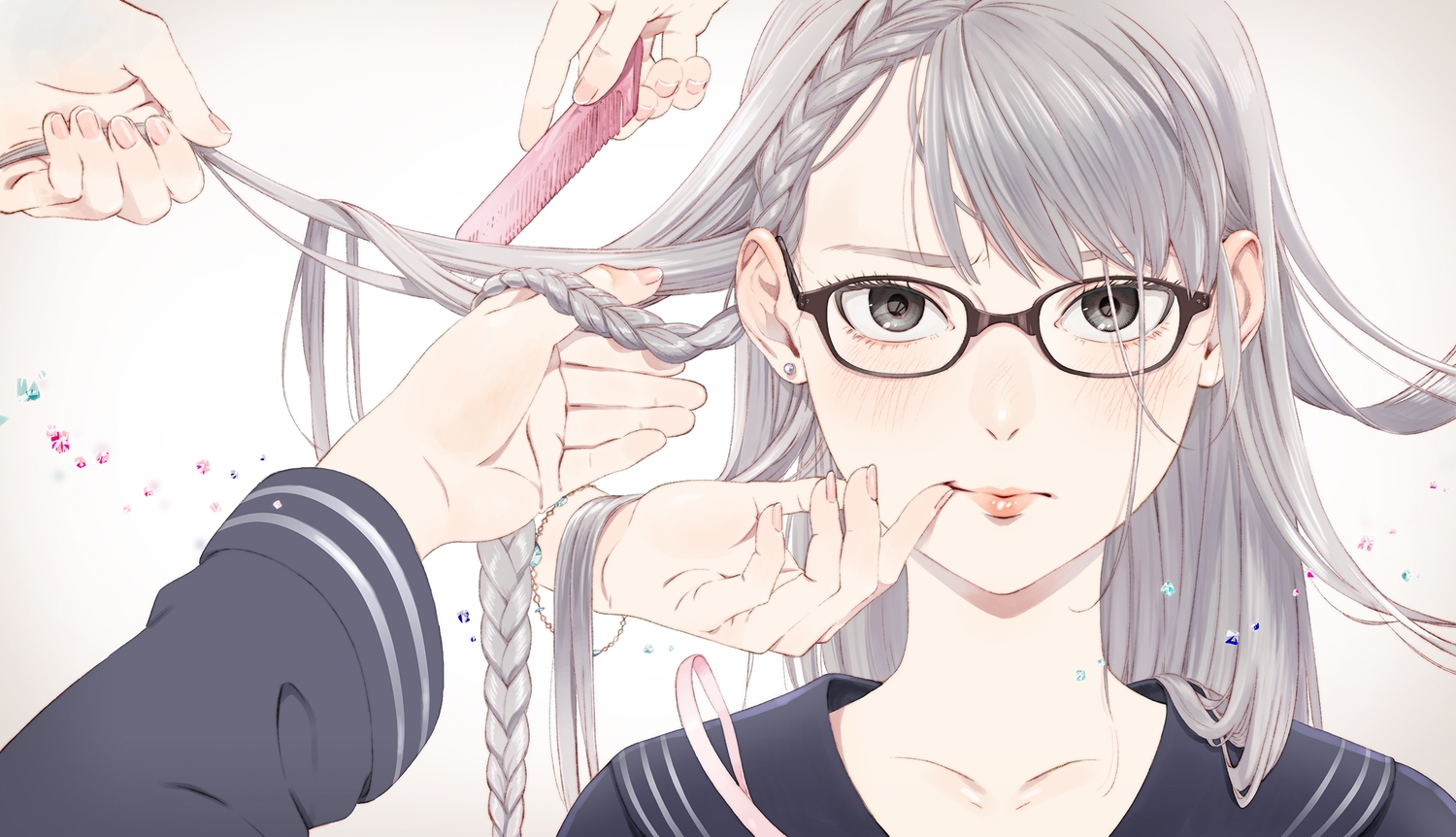 blush, braids, glasses, gray_eyes, gray_hair, long_hair, original, umishima_senbon