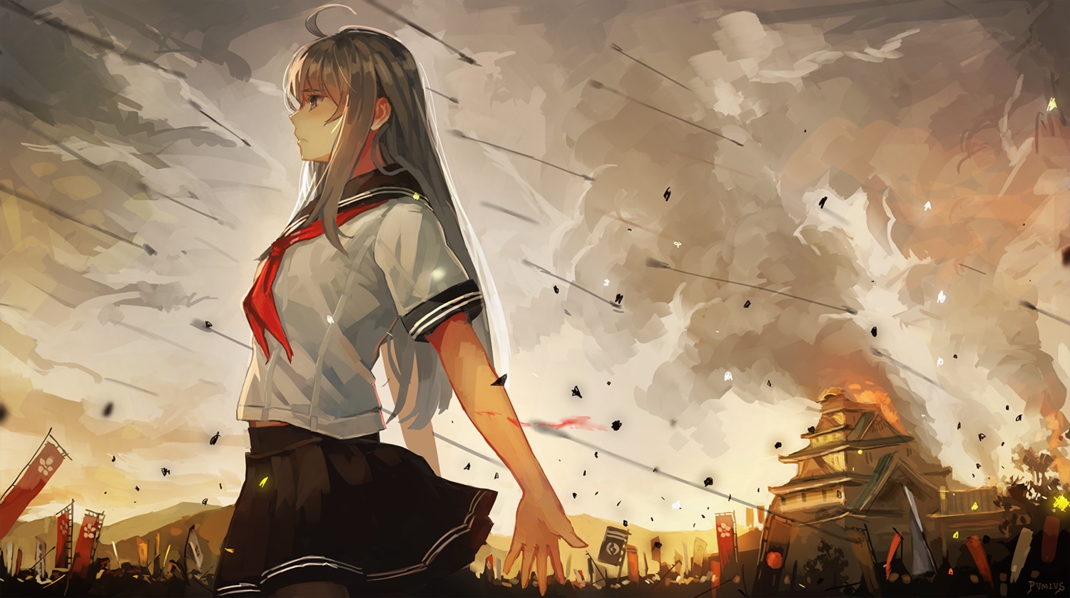 blood, brown_eyes, brown_hair, fire, long_hair, original, pvmivs, school_uniform, signed, skirt, sky