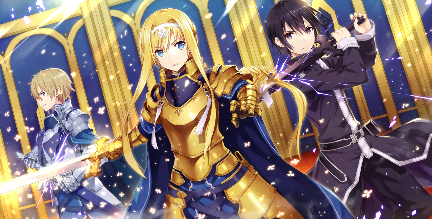 alice_zuberg, armor, black_eyes, black_hair, blonde_hair, blue_eyes, cape, eugeo