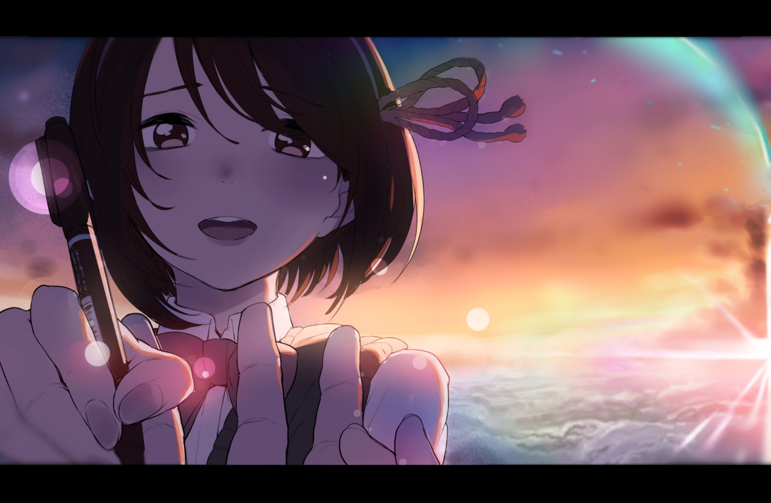 akagi_asahito, brown_eyes, brown_hair, close, clouds, kimi_no_na_wa, miyamizu_mitsuha, school_uniform, short_hair, sky, sunset