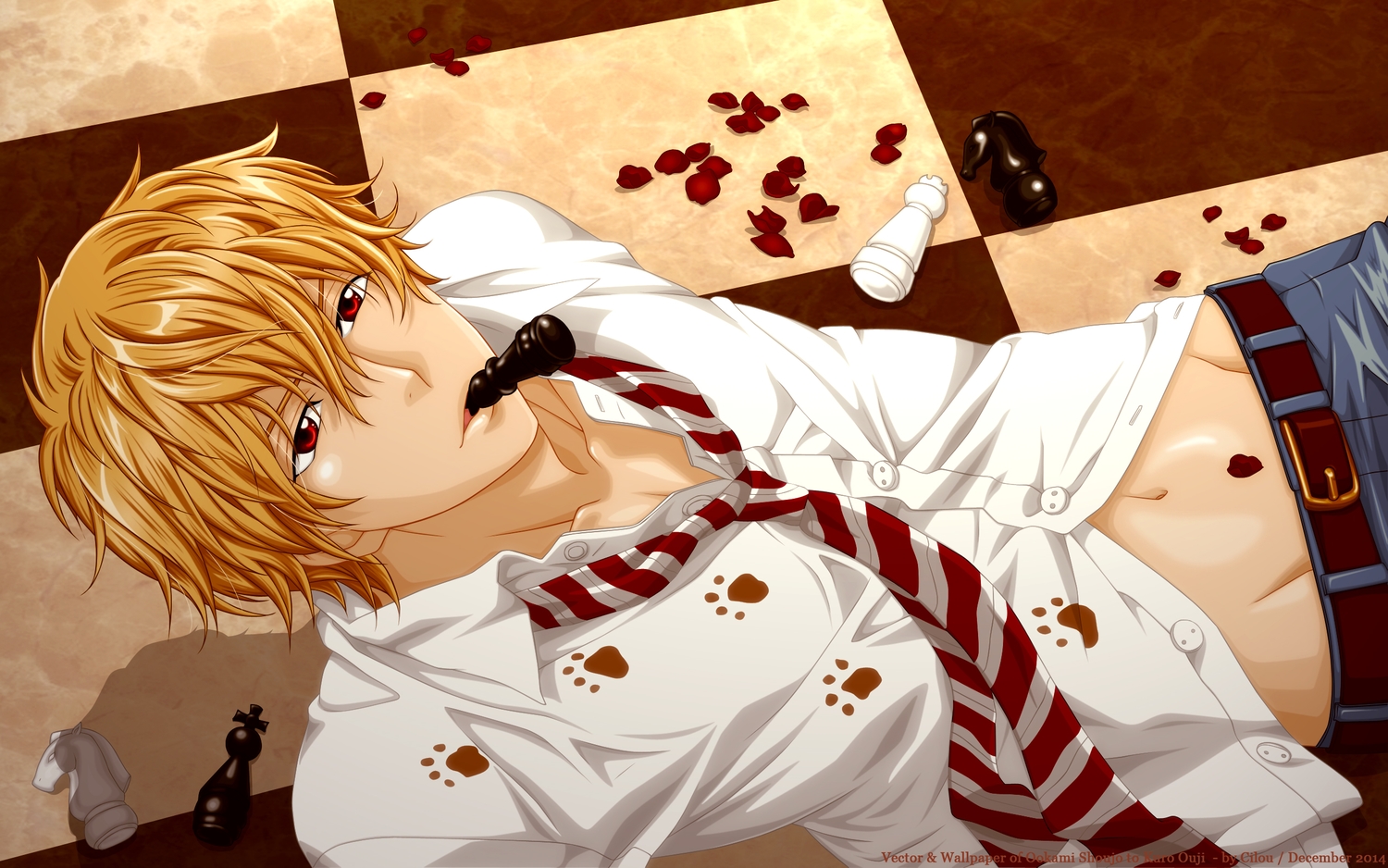 all_male, blonde_hair, hatta_ayuko, male, navel, ookami_shoujo_to_kuro_ouji, petals, red_eyes, sata_kyouya, short_hair, tie, vector