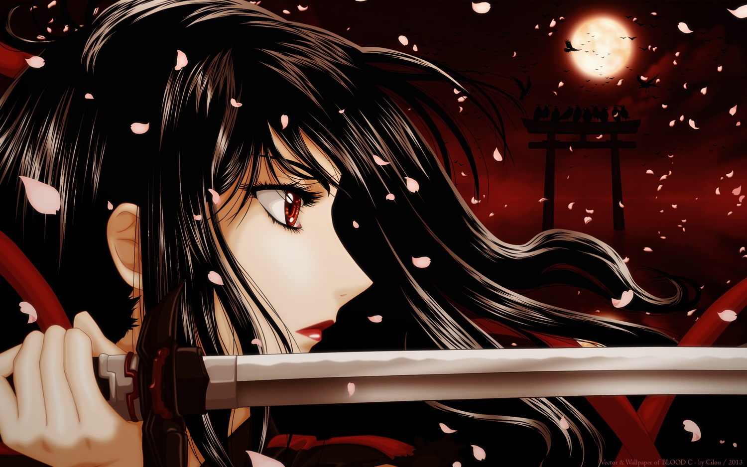 aliasing, animal, bird, black_hair, blood-c, close, kisaragi_saya, long_hair, moon, petals, red_eyes, sword, vector, weapon