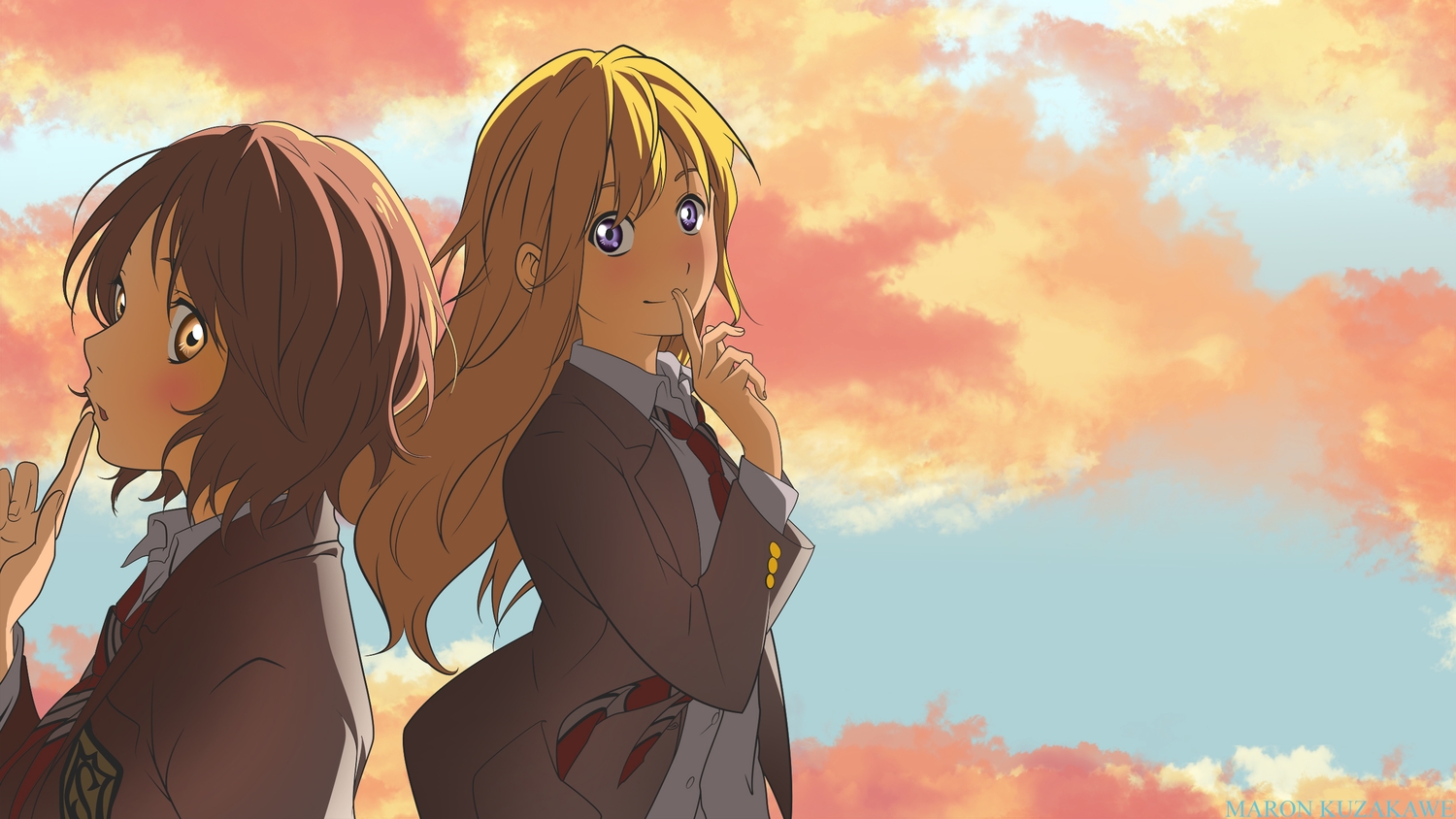 2girls, blonde_hair, brown_eyes, brown_hair, long_hair, miyazono_kaori, purple_eyes, sawabe_tsubaki