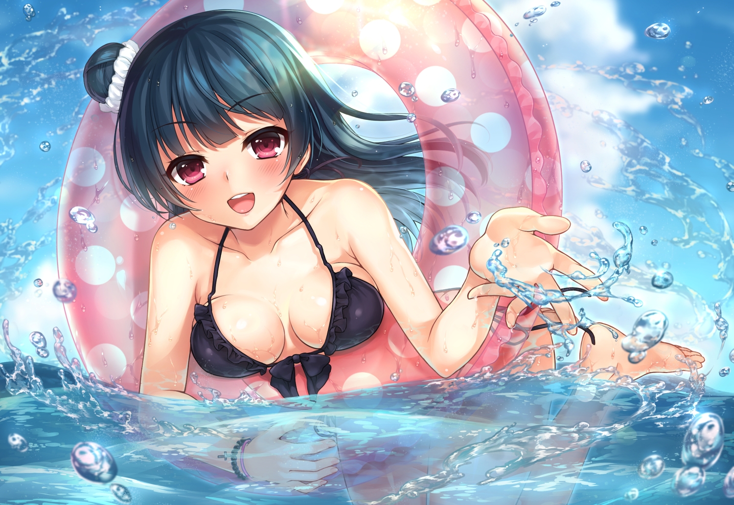 bikini, black_hair, blush, breasts, cleavage, clouds, long_hair, love_live!_school_idol_project