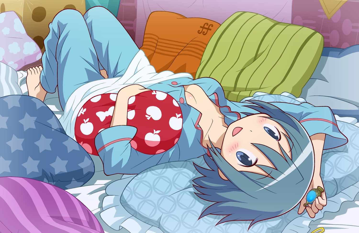 barefoot, bed, blue_eyes, blue_hair, blush, breasts, cleavage, gecchu, mahou_shoujo_madoka_magica, miki_sayaka, pajamas, short_hair