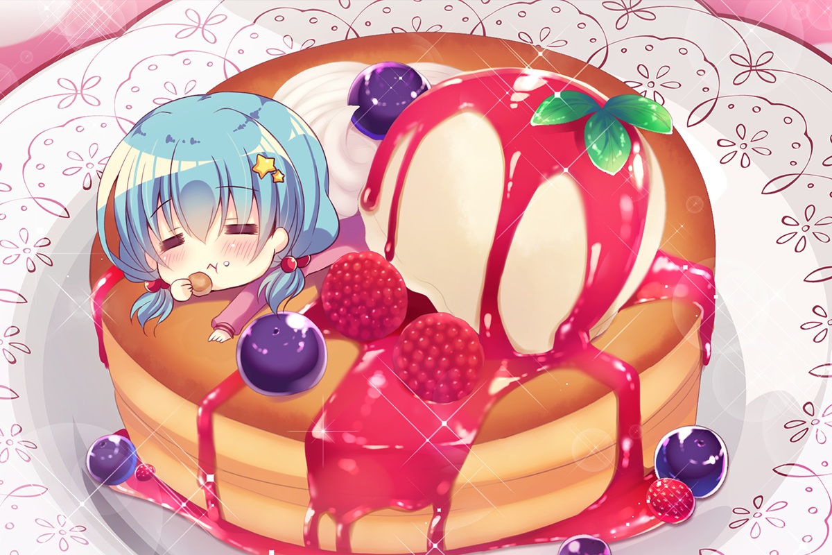 aqua_hair, blush, cake, chibi, food, fruit, ice_cream, mel_clair, original, short_hair, suzunone_rena, twintails