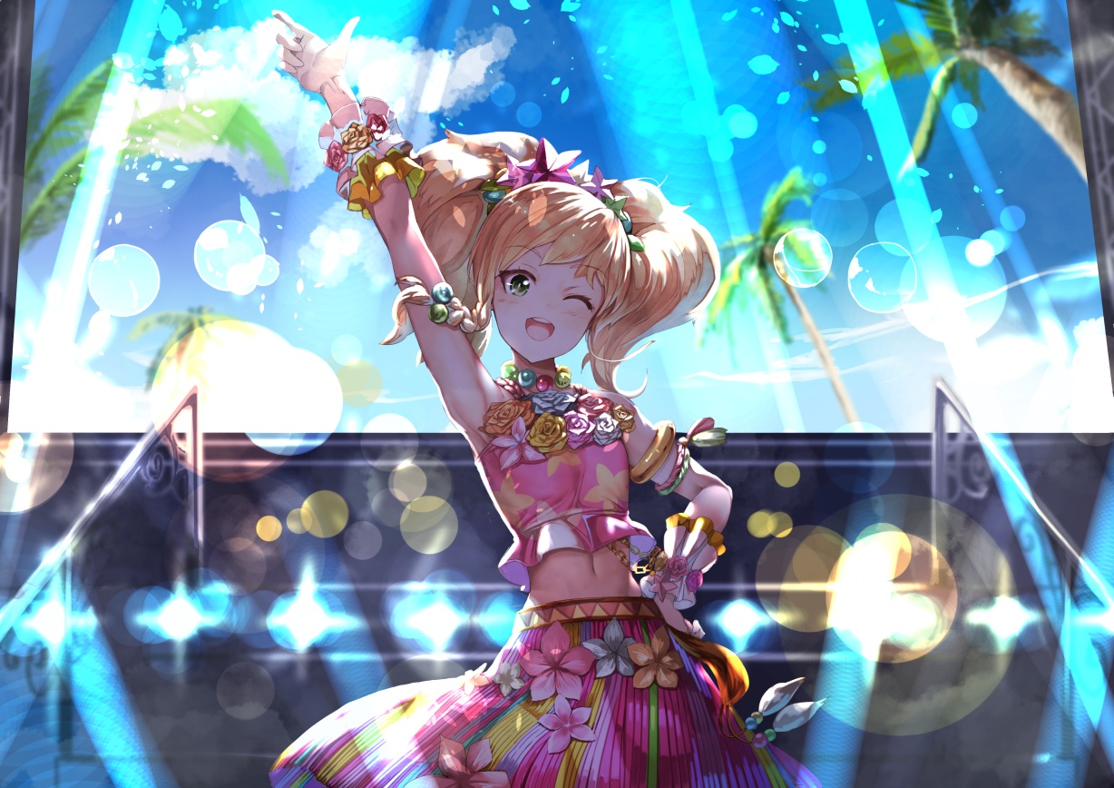 aikatsu!, blonde_hair, blush, clouds, flowers, green_eyes, koruse, long_hair, navel, nikaidou_yuzu, sky, tree, twintails